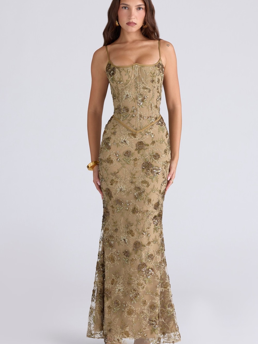 House of CB Naima Olive Bronze Hand Beaded Embellished Corset Dress